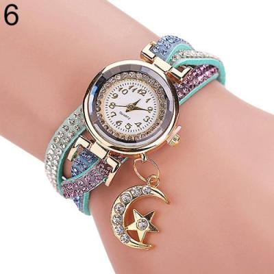 Norate Women's Moon Star Rhinestone Faux Leather Bracelet Wrist Watch Mint Green