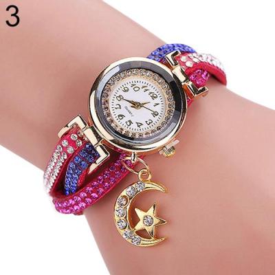 Norate Women's Moon Star Rhinestone Faux Leather Bracelet Wrist Watch Rose-Red