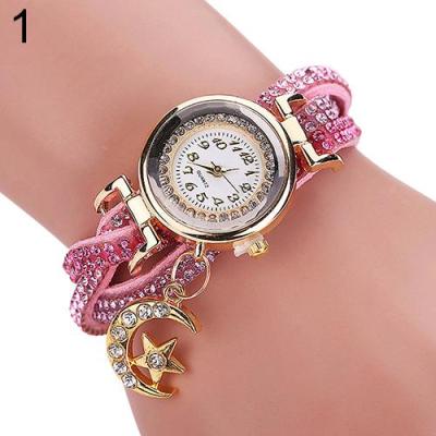 Norate Women's Moon Star Rhinestone Faux Leather Bracelet Wrist Watch Pink