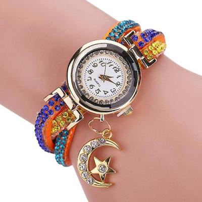 Norate Women's Moon Star Rhinestone Faux Leather Bracelet Wrist Watch Orange