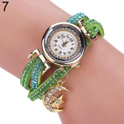 Norate Women's Moon Star Rhinestone Faux Leather Bracelet Wrist Watch Green