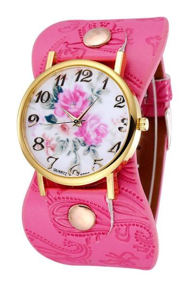 Norate Women's Numerals Rose-red Faux Leather Floral Watch