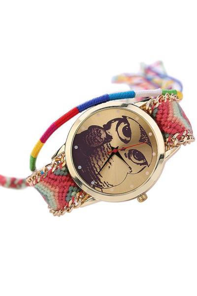 Norate Women's Owl Alloy DIY Knit Quartz Wrist Watch Red