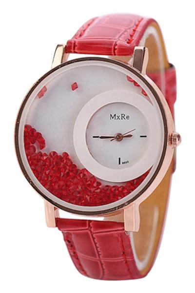 Norate Women's Rhinestones Quicksand Faux Leather Quartz Watch Red