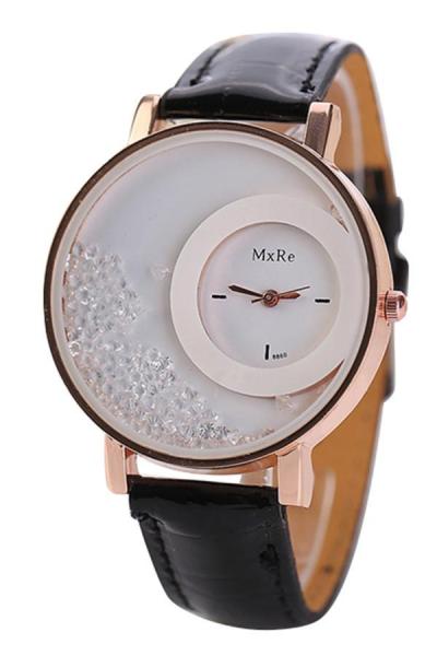 Norate Women's Rhinestones Quicksand Faux Leather Quartz Watch Black