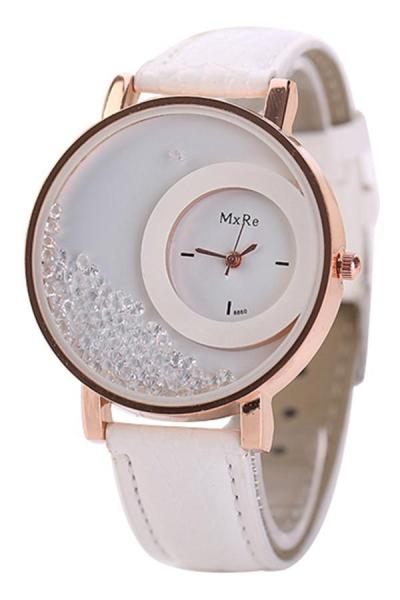 Norate Women's Rhinestones Quicksand Faux Leather Quartz Watch White