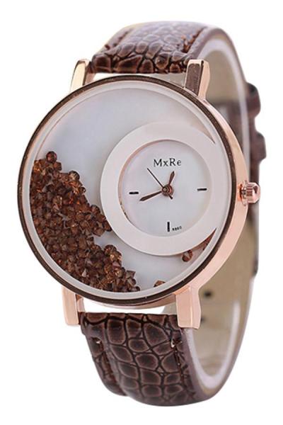 Norate Women's Rhinestones Quicksand Faux Leather Quartz Watch Brown