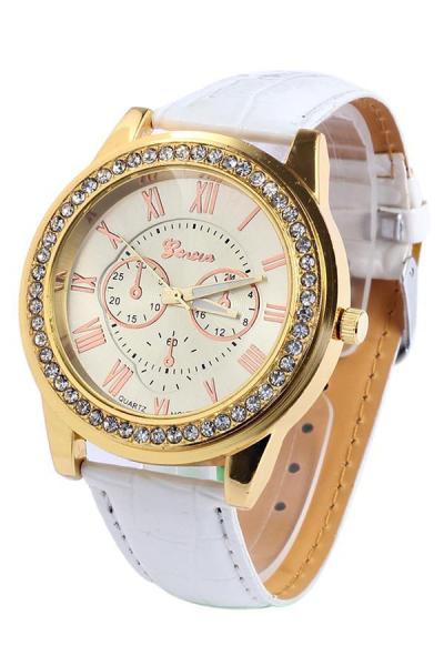 Norate Women's Roman Numerals Faux Leather Rhinestone Watch White