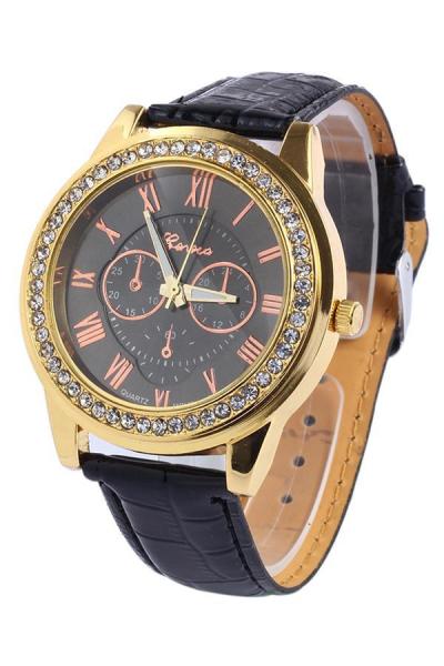 Norate Women's Roman Numerals Faux Leather Rhinestone Watch Black