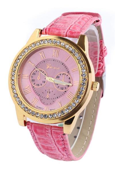 Norate Women's Roman Numerals Faux Leather Rhinestone Watch Pink