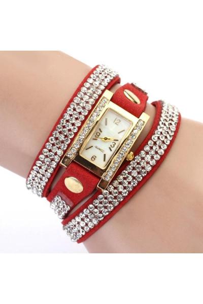 Norate Women's Square Weave Wrap Rhinestone Faux Leather Watch Red