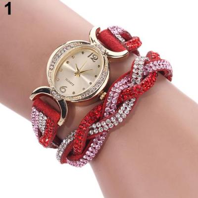 Norate Women's Two Tone Rhinestone Wrap Faux Suede Round Dial Quartz Bracelet Wrist Watch Red