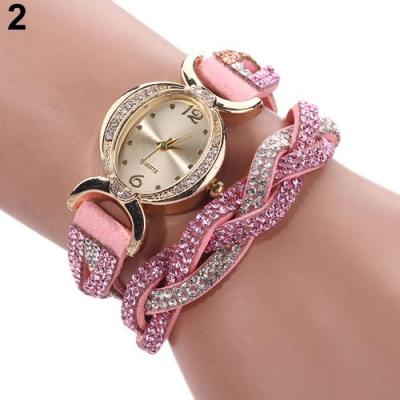 Norate Women's Two Tone Rhinestone Wrap Faux Suede Round Dial Quartz Bracelet Wrist Watch Pink