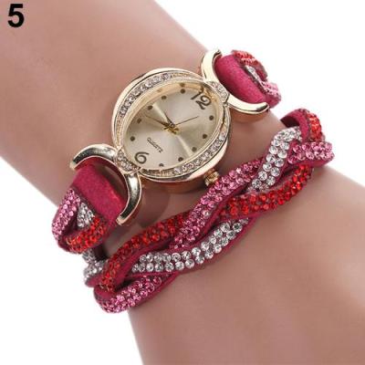 Norate Women's Two Tone Rhinestone Wrap Faux Suede Round Dial Quartz Bracelet Wrist Watch Rose-Red