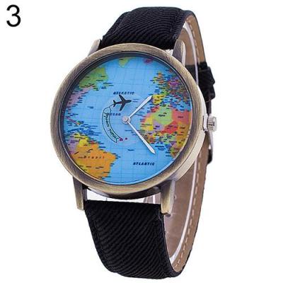 Norate Women's World Map Dial Denim Fabric Strap Wrist Watch Black