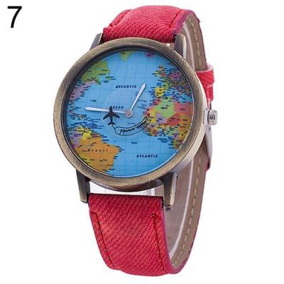 Norate Women's World Map Dial Denim Fabric Strap Wrist Watch Red