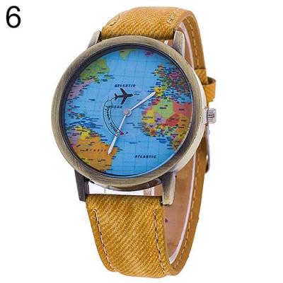 Norate Women's World Map Dial Denim Fabric Strap Wrist Watch Yellow