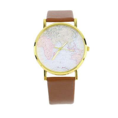 OBN Fashion Womens Leather Alloy World Map Globe Analog Quartz Retro Wrist Watch-Brown