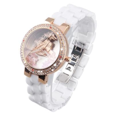 OBN Women Ladies Rhinestones Sailing Boat Dial Ceramic Band Wrist Watch Gift-White