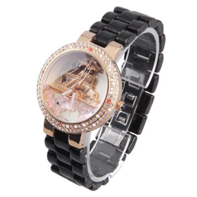 OBN Women Ladies Rhinestones Sailing Boat Dial Ceramic Band Wrist Watch Gift-Black