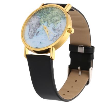 OBN World Map Globe Fashion PU Leather Womens Analog Quartz Wrist Watch Gift-Black