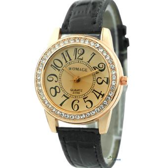 OEM Womens Watches Black Faxu Leather Strap Crystal Analog Watch (Black)  