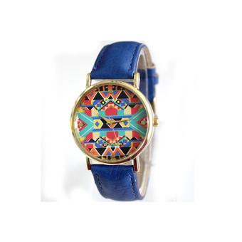 OEM Womens Wrist Watches National Wind Female Retro Faux Leather Band Quartz Dark Blue  