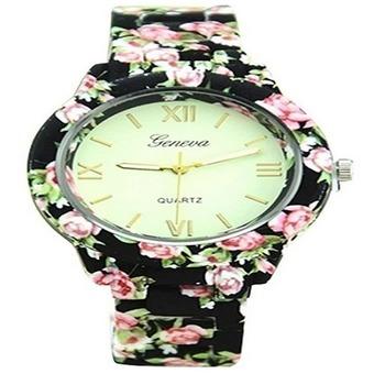 Okdeals Geneva Flower Print Ceramic Style Analog Quartz Wrist Watch (Black)  