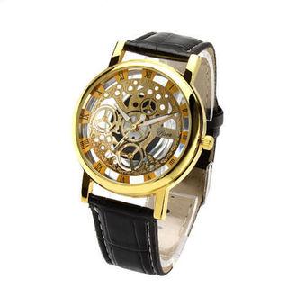 Okdeals Skeleton Leather Band Stainless Steel Wrist Watch Gold Black (Intl)  