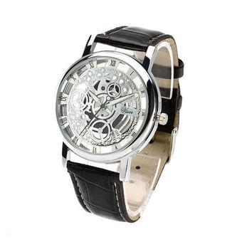 Okdeals Skeleton Leather Band Stainless Steel Wrist Watch Silver Black (Intl)  