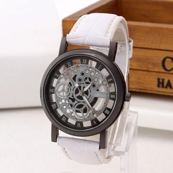 Okdeals Skeleton Leather Band Stainless Steel Wrist Watch Black White (Intl)  