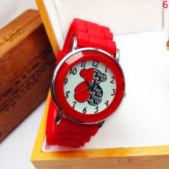 Okdeals Women Bear Analog Quartz Geneva Silicone Wrist Watch Red  