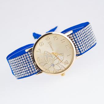 Okdeals Women Crystal Cloth Bracelet Analog Quartz Flower Dial Wristwatch New Blue (Intl)  