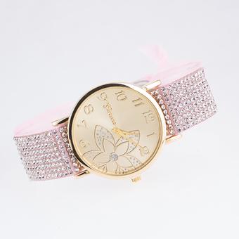 Okdeals Women Crystal Cloth Bracelet Analog Quartz Flower Dial Wristwatch New Pink (Intl)  