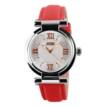 Okdeals Women Girls Round Steel Case Casual Leather Analog Quartz Wrist Watch Red (Intl)  