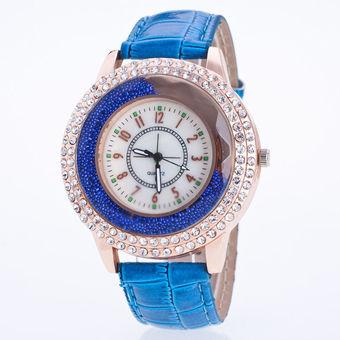 Okdeals Women Stunning Round Crystal Dial Quartz Analog Leather Bracelet Wrist Watch Blue (Intl)  