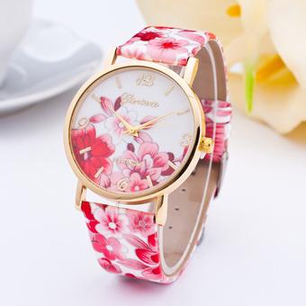 Okdeals Womens Flower Leather Analog Quartz Vogue Wrist Watch Red  