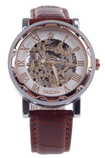 Orkina KC023 Hollow Mechanical Automatic Men's Wrist Watch - Coppery + Silver + Brown  