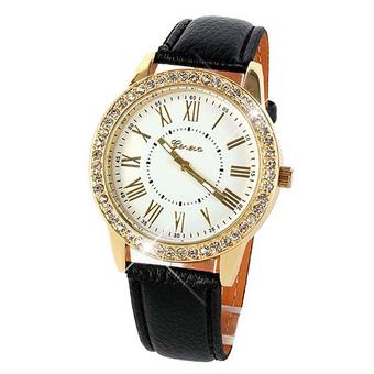 Ormano - Jam Tangan Wanita - Hitam - Strap Leather - Geneva Ross Rhinestone Watch  