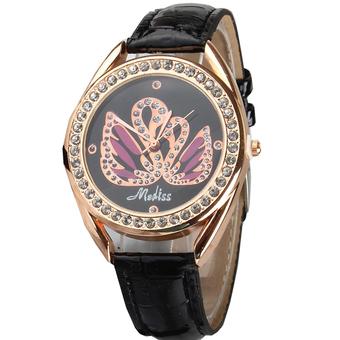 Ormano - Jam Tangan Wanita - Hitam - Strap Leather - Melissa Rhinestone Watch  