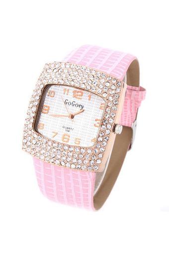 Ormano - Jam Tangan Wanita - Pink - Strap Faux Leather - Crystal Square Ladies Watch  