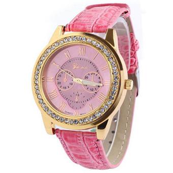 Ormano - Jam Tangan Wanita - Pink - Strap Leather - Geneva Elvania Rhinestone Watch  