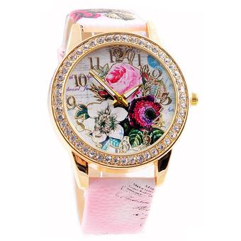 Ormano - Jam Tangan Wanita - Pink - Strap Leather - Vienna Rose Rhinestone Watch  