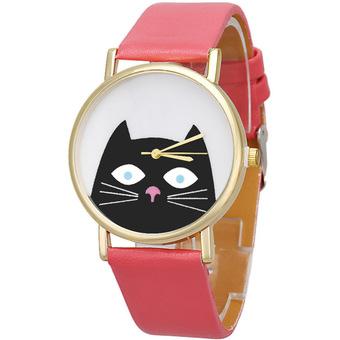 Ormano - Jam Tangan Wanita - Pink Tua - Strap Kulit - Little Black Kitty Watch  