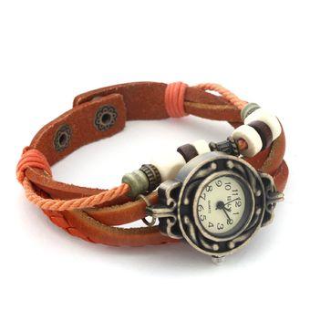 Pop Fashion Pretty Leather Bracelet Leaf Decoration Alloy Quartz Wrist Watch Orange (Intl)  