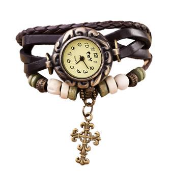 Quartz Weave Around Cross Leather Bracelet Lady Woman Wrist Watch Brown(Intl)  