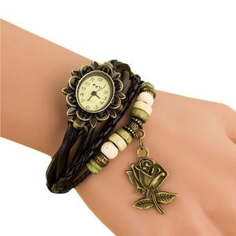 Quartz Weave Around Leather Rose Bracelet Lady Woman Wrist Watch Black (Intl)  