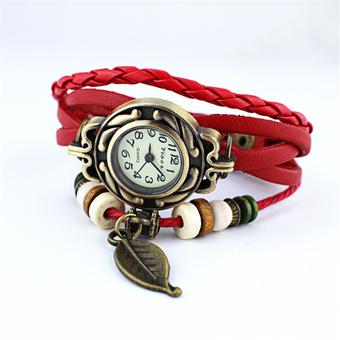 Retro Folk Leaf Pendant Leather Weave Lady Bracelet Quartz Wrist Watch (Red) (Intl)  