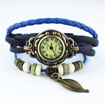 Retro Folk Leaf Pendant Leather Weave Lady Bracelet Quartz Wrist Watch (Blue) (Intl)  