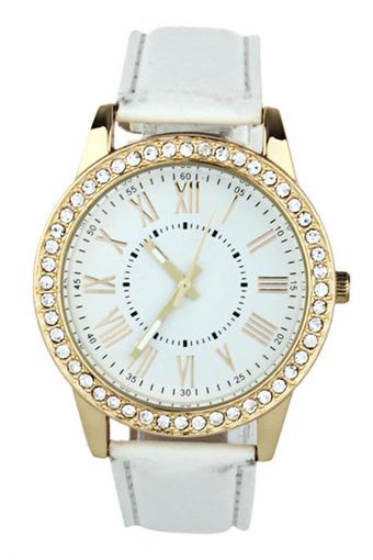 Rhinestone Leather White Womens Watch Jam Tangan  